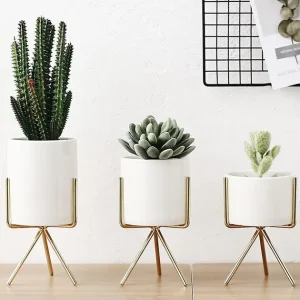Set of 3pcs Ceramic Flower Planters with Iron Shelf